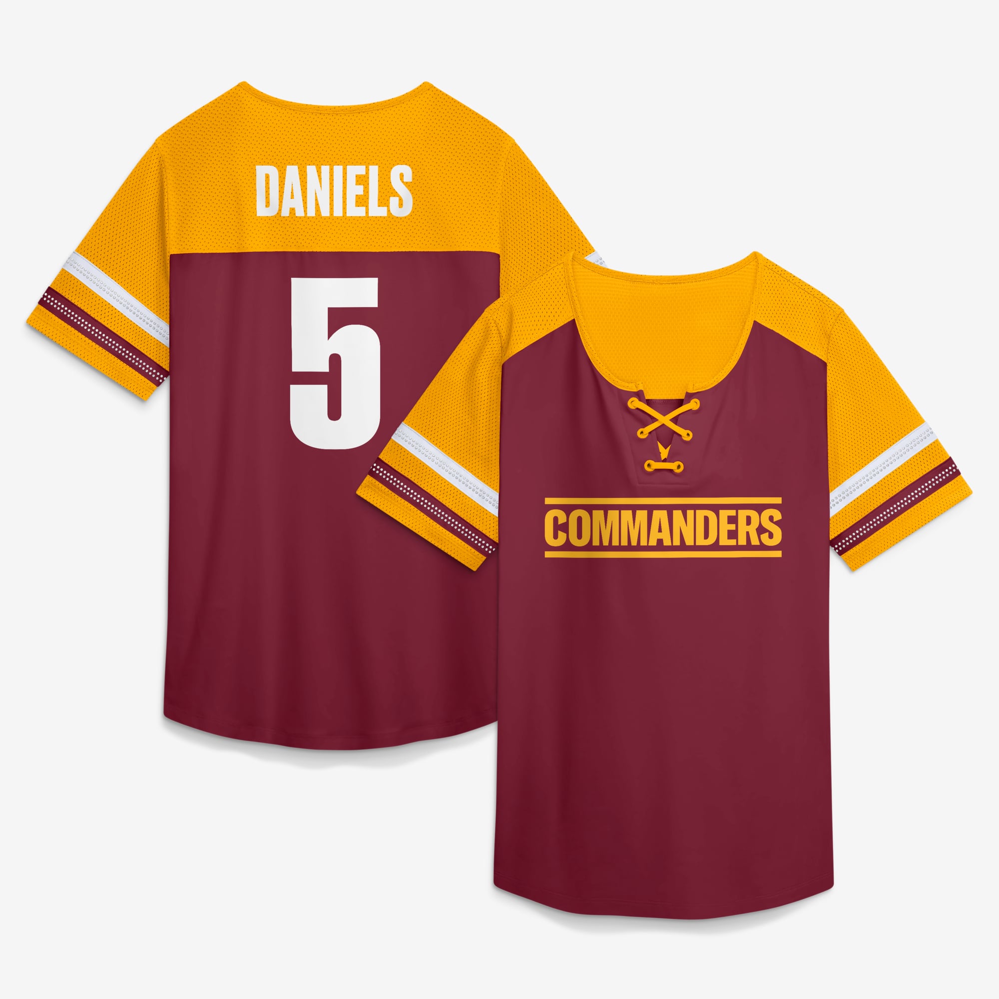 T-shirt Fanatics Jayden Daniels bordeaux Washington Commanders Curl Route Athena à lacets avec nom et numéro pour femme